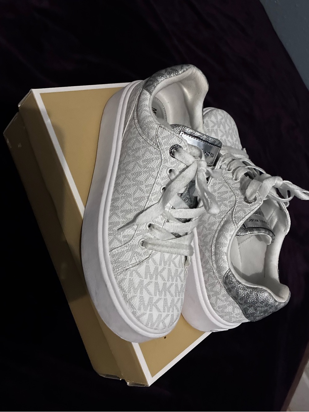 Michael Kors White and Silver MK Logo Platform Sneakers